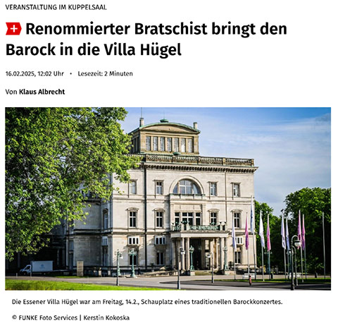 WAZ 16.02.2025 Renommierter Bratschist bringt den Barock in die Villa Hügel